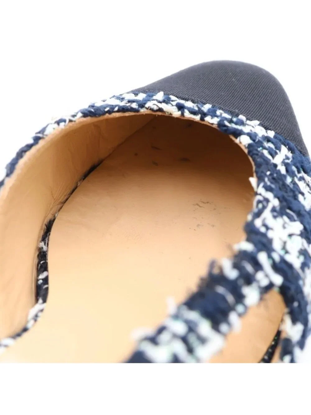 Chanel CC Logo Tweed Sling Back Heels Pumps Shoes Navy